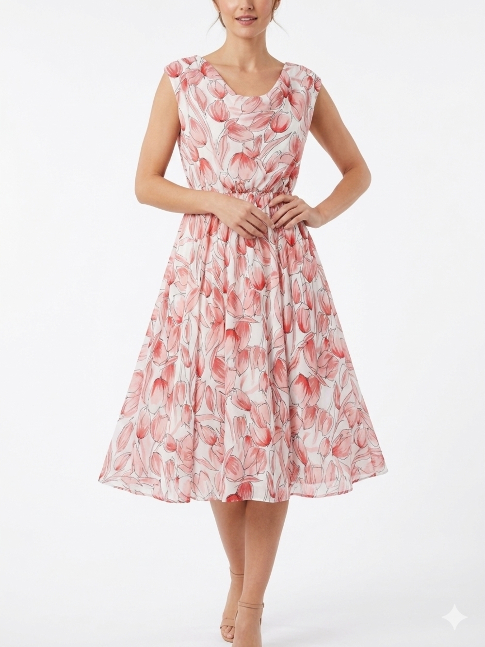 Blush Floral Cap-Sleeve Midi Dress
